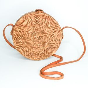 Straw Studios Hand Woven Purse Round Straw Rattan Weave Boho Festival Coastal